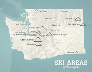 Washington Ski Resorts Map 11x14 Print (Beige & Opal Blue)