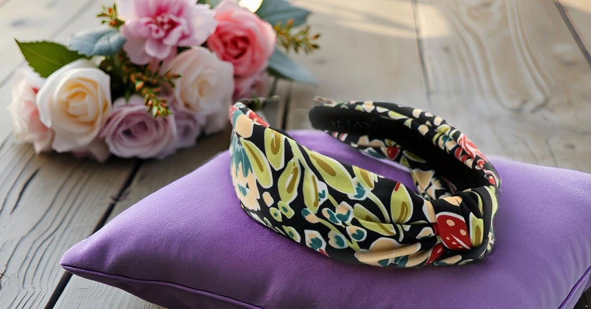 Watercolor Print Floral Pattern Black Beige, Colorful Spring Flower Satin Headbands for Women, Silk Feel, Soft Fabric, Knotted Headband Fashion Designer Top Knot