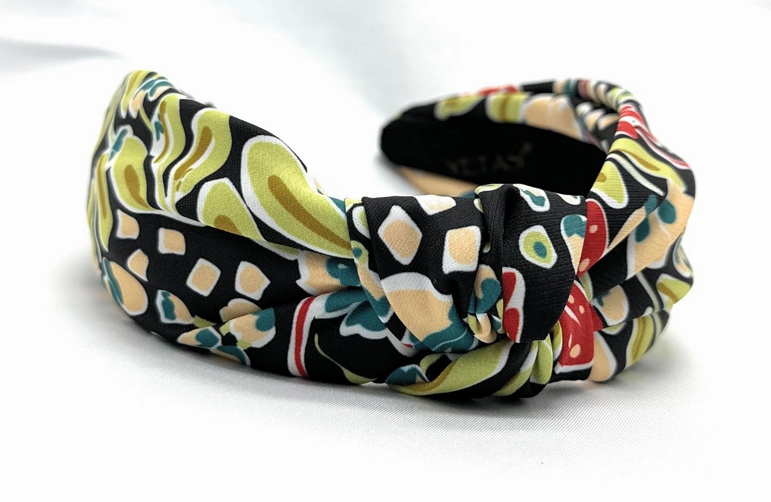 Watercolor Print Floral Pattern Black Beige, Colorful Spring Flower Satin Headbands for Women, Silk Feel, Soft Fabric, Knotted Headband Fashion Designer Top Knot
