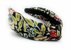 Watercolor Print Floral Pattern Black Beige, Colorful Spring Flower Satin Headbands for Women, Silk Feel, Soft Fabric, Knotted Headband Fashion Designer Top Knot