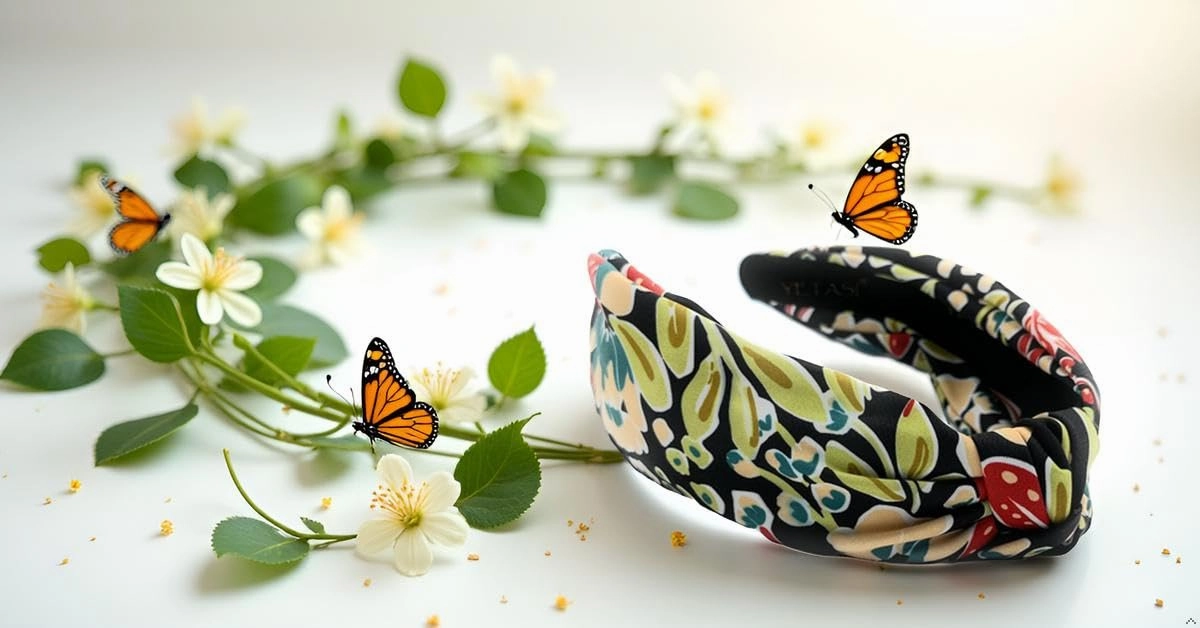 Watercolor Print Floral Pattern Black Beige, Colorful Spring Flower Satin Headbands for Women, Silk Feel, Soft Fabric, Knotted Headband Fashion Designer Top Knot