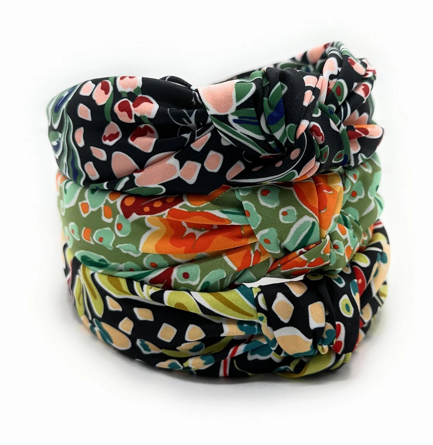 Watercolor Print Floral Pattern Black Beige, Colorful Spring Flower Satin Headbands for Women, Silk Feel, Soft Fabric, Knotted Headband Fashion Designer Top Knot