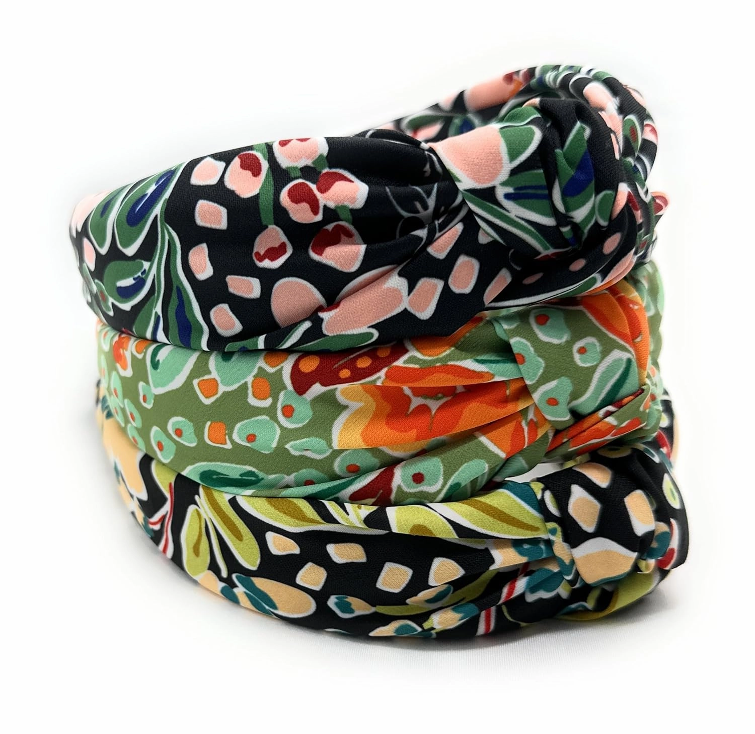 Watercolor Print Floral Pattern Black Beige, Colorful Spring Flower Satin Headbands for Women, Silk Feel, Soft Fabric, Knotted Headband Fashion Designer Top Knot