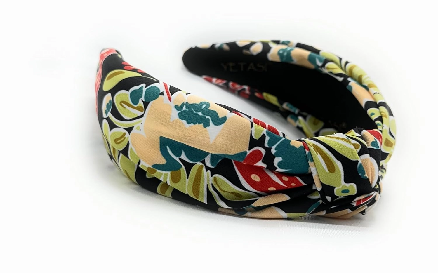 Watercolor Print Floral Pattern Black Beige, Colorful Spring Flower Satin Headbands for Women, Silk Feel, Soft Fabric, Knotted Headband Fashion Designer Top Knot