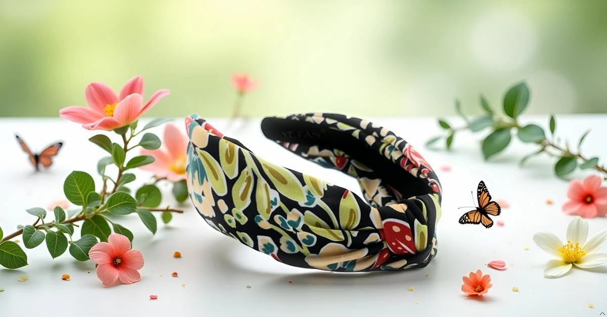 Watercolor Print Floral Pattern Black Beige, Colorful Spring Flower Satin Headbands for Women, Silk Feel, Soft Fabric, Knotted Headband Fashion Designer Top Knot