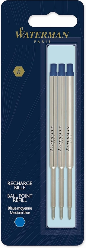 Waterman Ballpoint Pen Refill, Medium Point, Blue Ink, 3 Count
