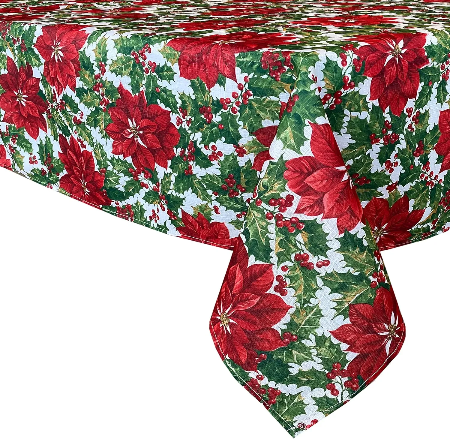 Waverly Big Mistletoe Fabric Christmas Tablecloth - Bold Cottage Poinsettia Holly and Berries Holiday Tablecloth, 60” x 84” Oblong/Rectangle