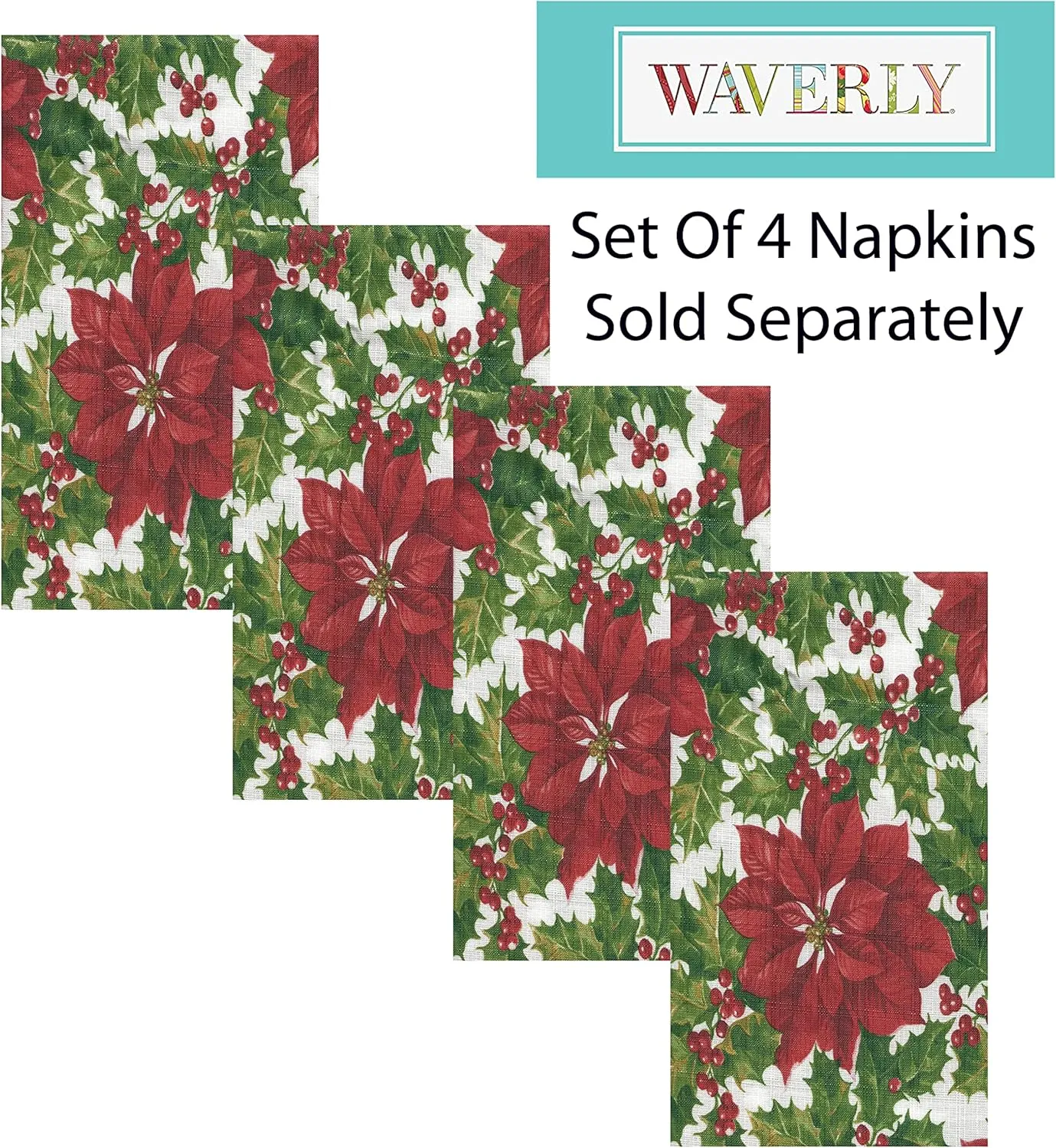 Waverly Big Mistletoe Fabric Christmas Tablecloth - Bold Cottage Poinsettia Holly and Berries Holiday Tablecloth, 60” x 84” Oblong/Rectangle