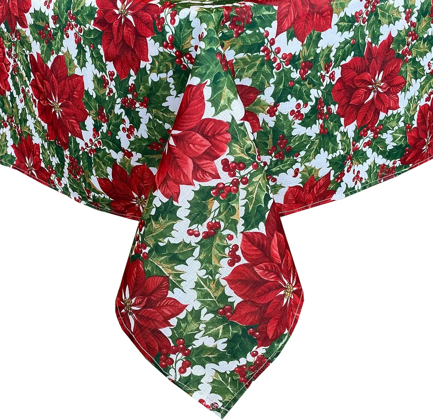 Waverly Big Mistletoe Fabric Christmas Tablecloth - Bold Cottage Poinsettia Holly and Berries Holiday Tablecloth, 60” x 84” Oblong/Rectangle