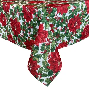 Waverly Big Mistletoe Fabric Christmas Tablecloth - Bold Cottage Poinsettia Holly and Berries Holiday Tablecloth, 60” x 84” Oblong/Rectangle