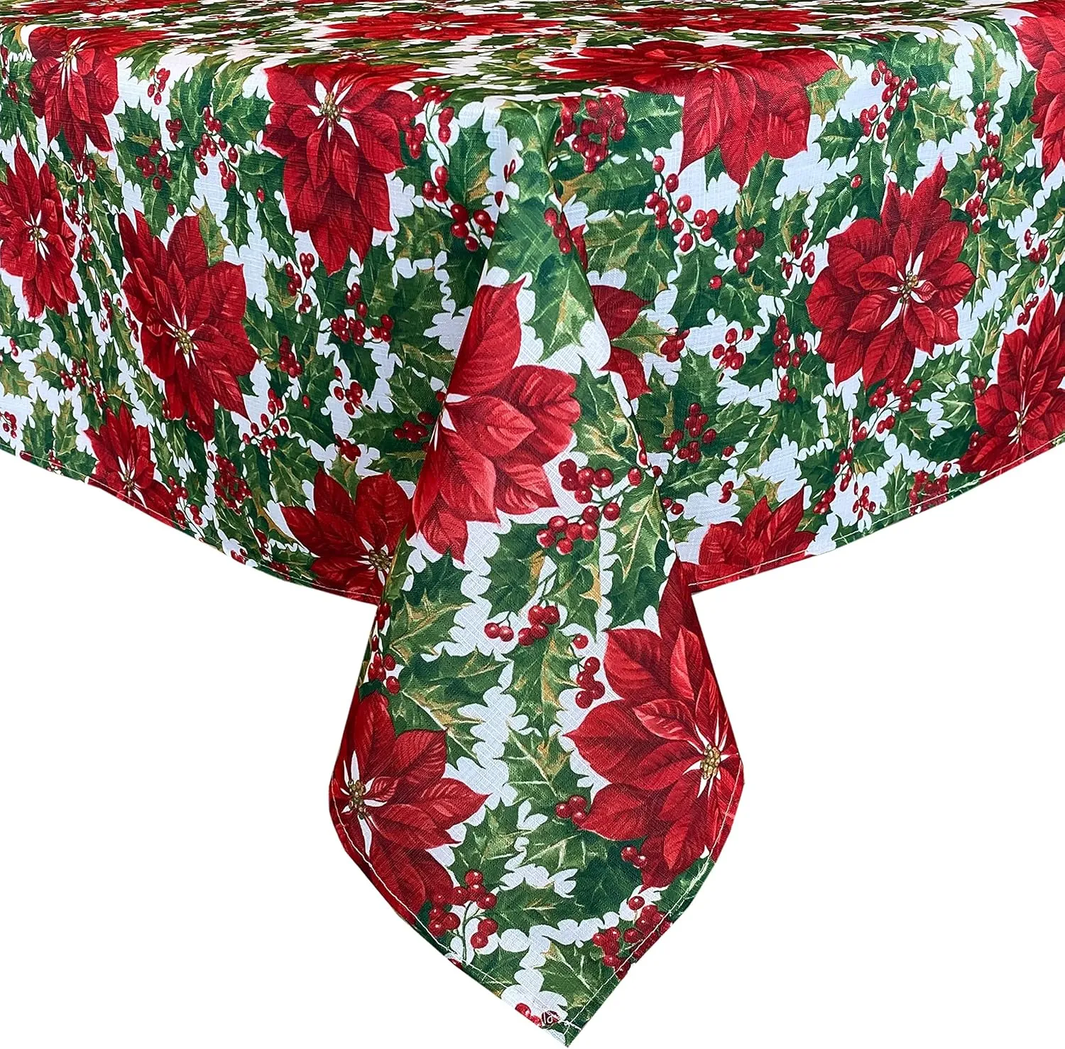 Waverly Big Mistletoe Fabric Christmas Tablecloth - Bold Cottage Poinsettia Holly and Berries Holiday Tablecloth, 60” x 84” Oblong/Rectangle