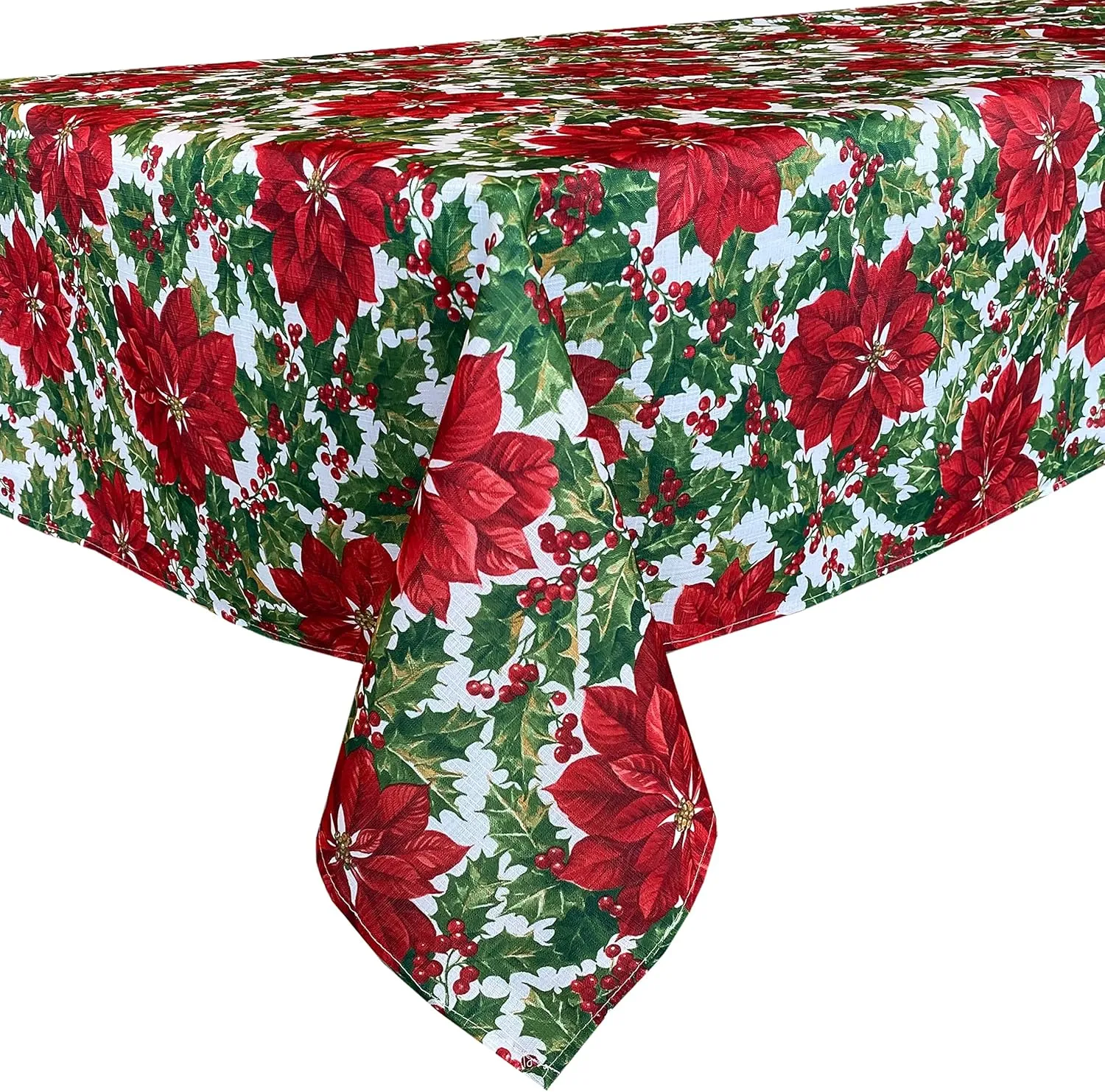 Waverly Big Mistletoe Fabric Christmas Tablecloth - Bold Cottage Poinsettia Holly and Berries Holiday Tablecloth, 60” x 84” Oblong/Rectangle