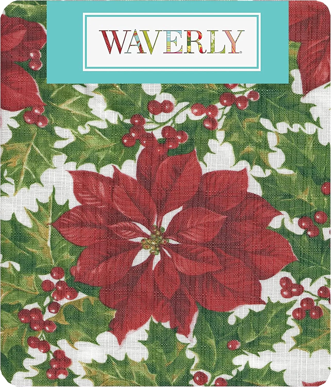 Waverly Big Mistletoe Fabric Christmas Tablecloth - Bold Cottage Poinsettia Holly and Berries Holiday Tablecloth, 60” x 84” Oblong/Rectangle