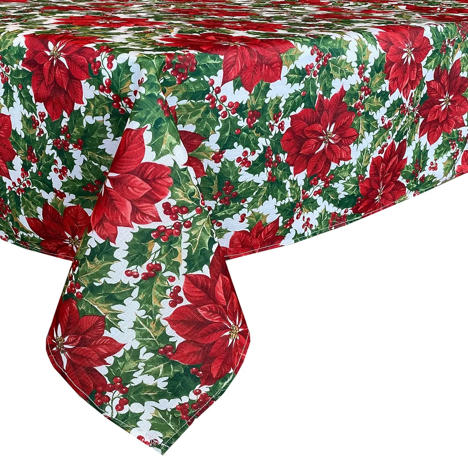 Waverly Big Mistletoe Fabric Christmas Tablecloth - Bold Cottage Poinsettia Holly and Berries Holiday Tablecloth, 60” x 84” Oblong/Rectangle