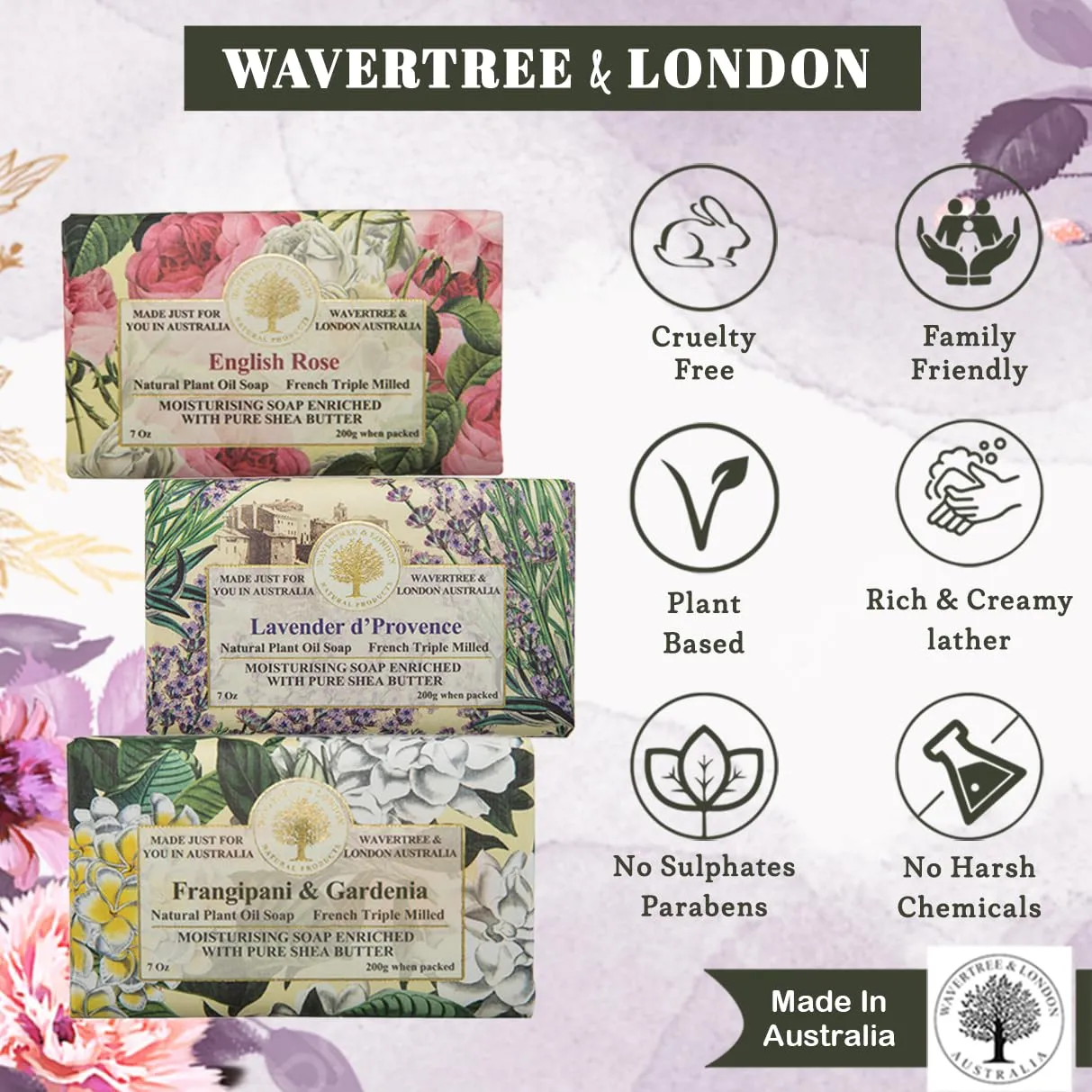 Wavertree & London Trio Gift Box (3 Bars) - 7oz Lavender, English Rose, Frangipani Gardenia Scented Moisturizing Triple Milled Natural Soap Bars - Pure Plant Oil Soap Bars for All Skin Types