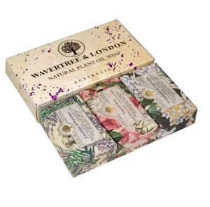 Wavertree & London Trio Gift Box (3 Bars) - 7oz Lavender, English Rose, Frangipani Gardenia Scented Moisturizing Triple Milled Natural Soap Bars - Pure Plant Oil Soap Bars for All Skin Types