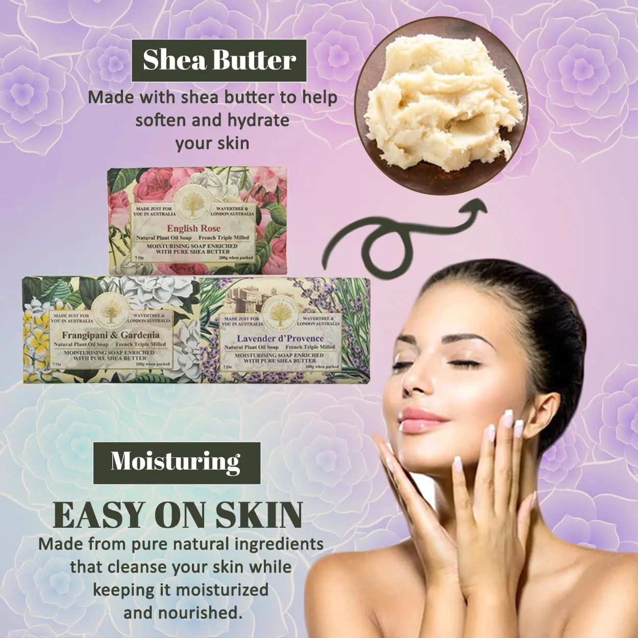 Wavertree & London Trio Gift Box (3 Bars) - 7oz Lavender, English Rose, Frangipani Gardenia Scented Moisturizing Triple Milled Natural Soap Bars - Pure Plant Oil Soap Bars for All Skin Types
