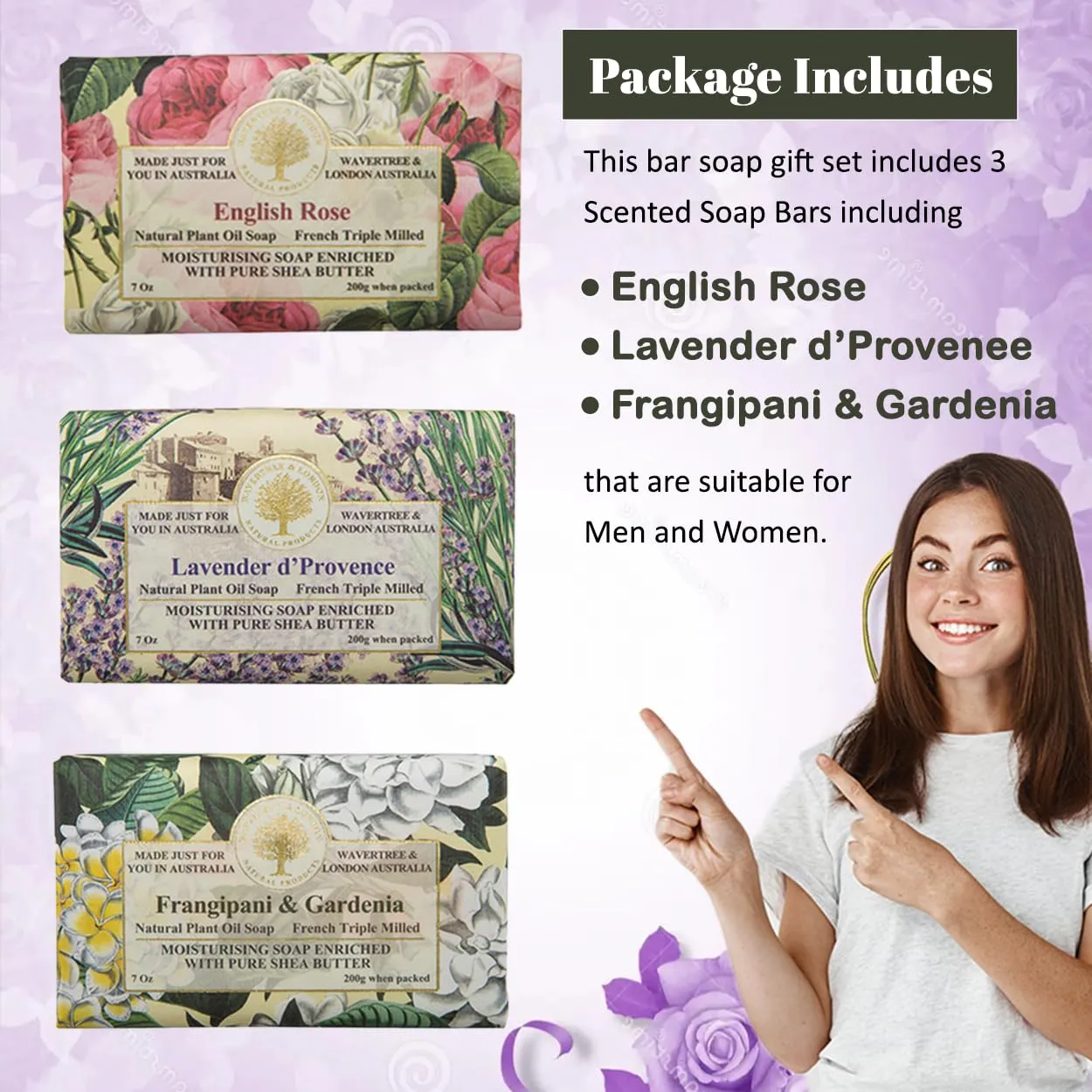 Wavertree & London Trio Gift Box (3 Bars) - 7oz Lavender, English Rose, Frangipani Gardenia Scented Moisturizing Triple Milled Natural Soap Bars - Pure Plant Oil Soap Bars for All Skin Types