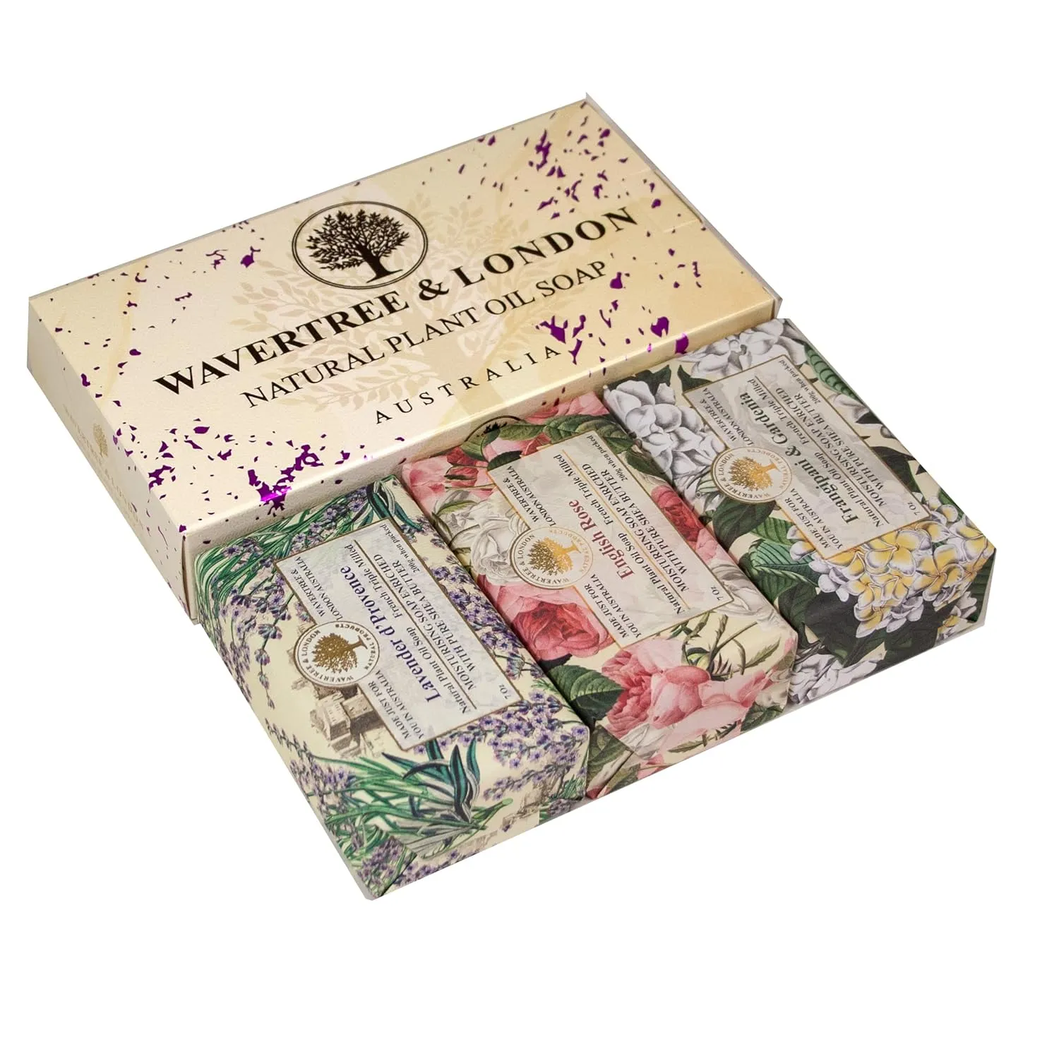 Wavertree & London Trio Gift Box (3 Bars) - 7oz Lavender, English Rose, Frangipani Gardenia Scented Moisturizing Triple Milled Natural Soap Bars - Pure Plant Oil Soap Bars for All Skin Types