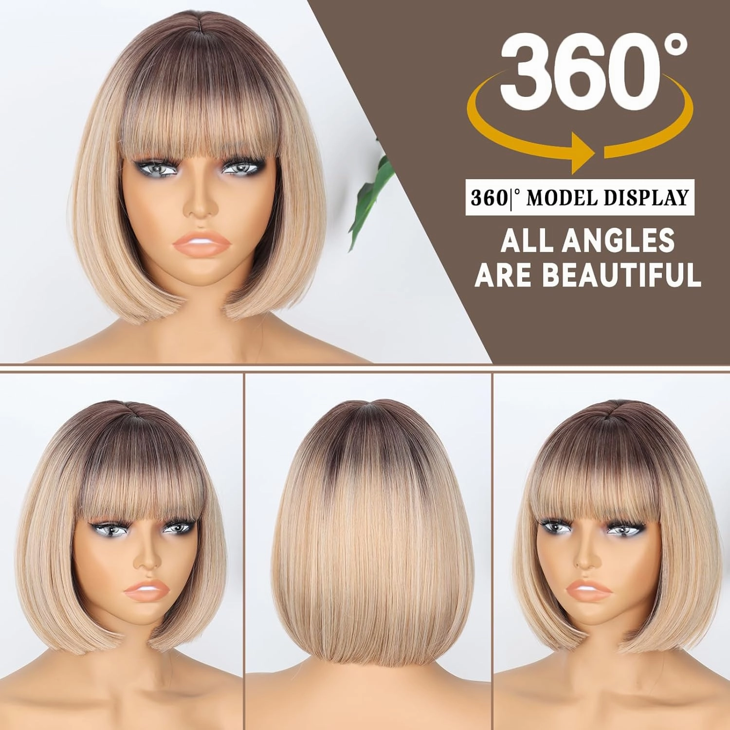 WERD Blonde Bob Wig with Bangs Short Dirty Blonde Wigs for Women Heat-Resistant Synthetic Ombre Blonde Short Wig for Cosplay Daily Use