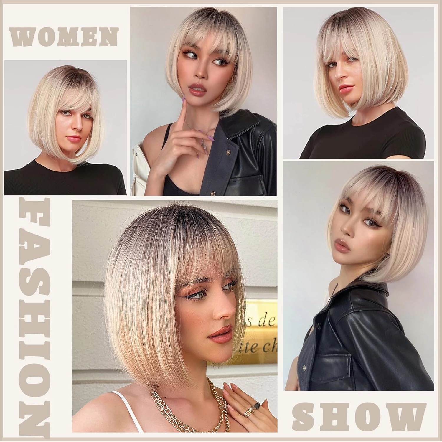 WERD Blonde Bob Wig with Bangs Short Dirty Blonde Wigs for Women Heat-Resistant Synthetic Ombre Blonde Short Wig for Cosplay Daily Use
