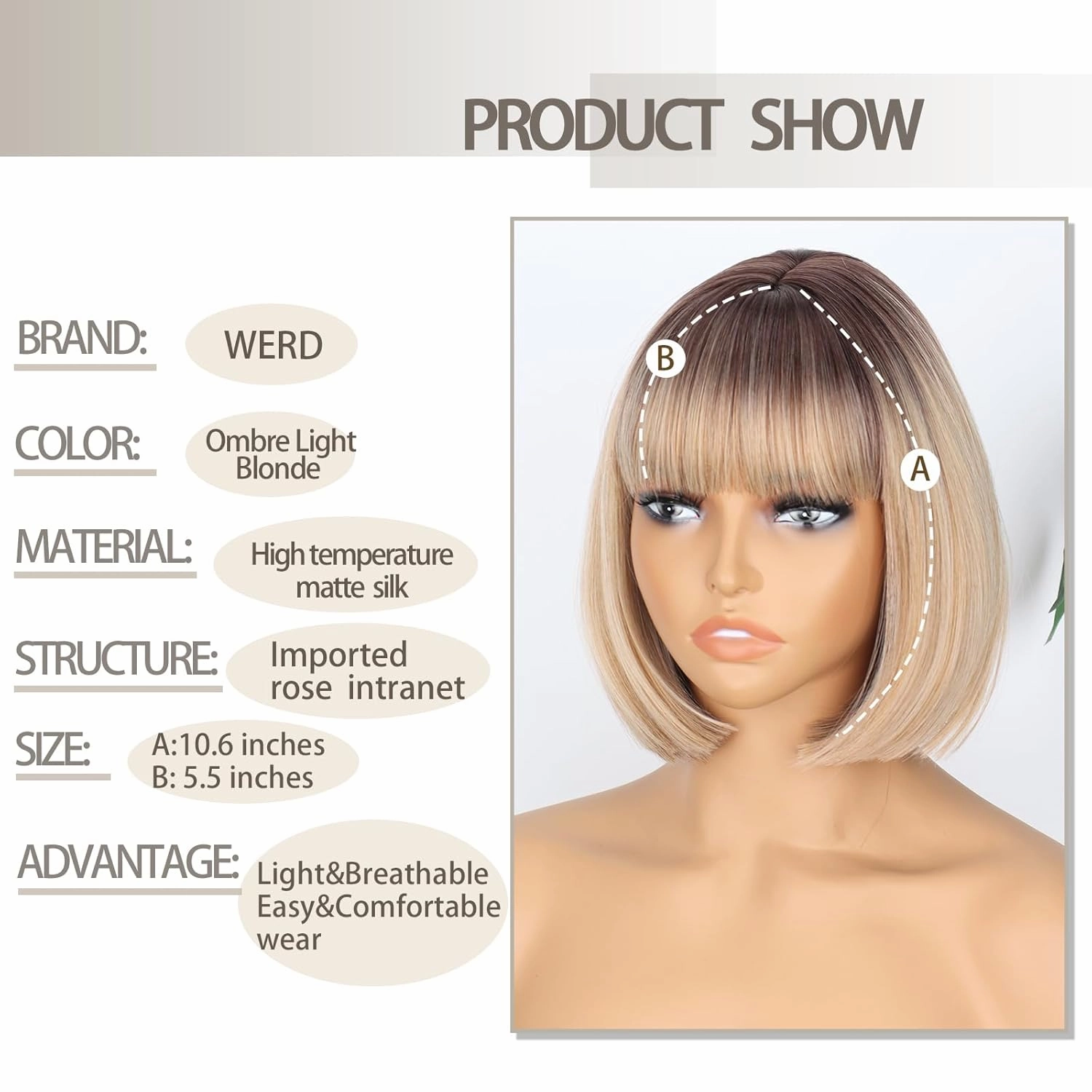 WERD Blonde Bob Wig with Bangs Short Dirty Blonde Wigs for Women Heat-Resistant Synthetic Ombre Blonde Short Wig for Cosplay Daily Use