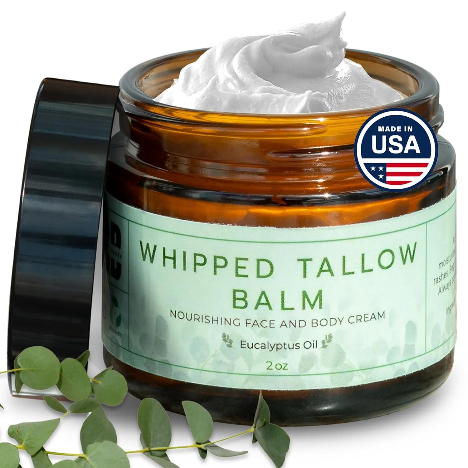 Whipped Tallow Balm (Eucalyptus), Organic Body Butter Cream, Grass Fed Beef Tallow for Skin Moisturizer, All Natural Lotion, 2 oz