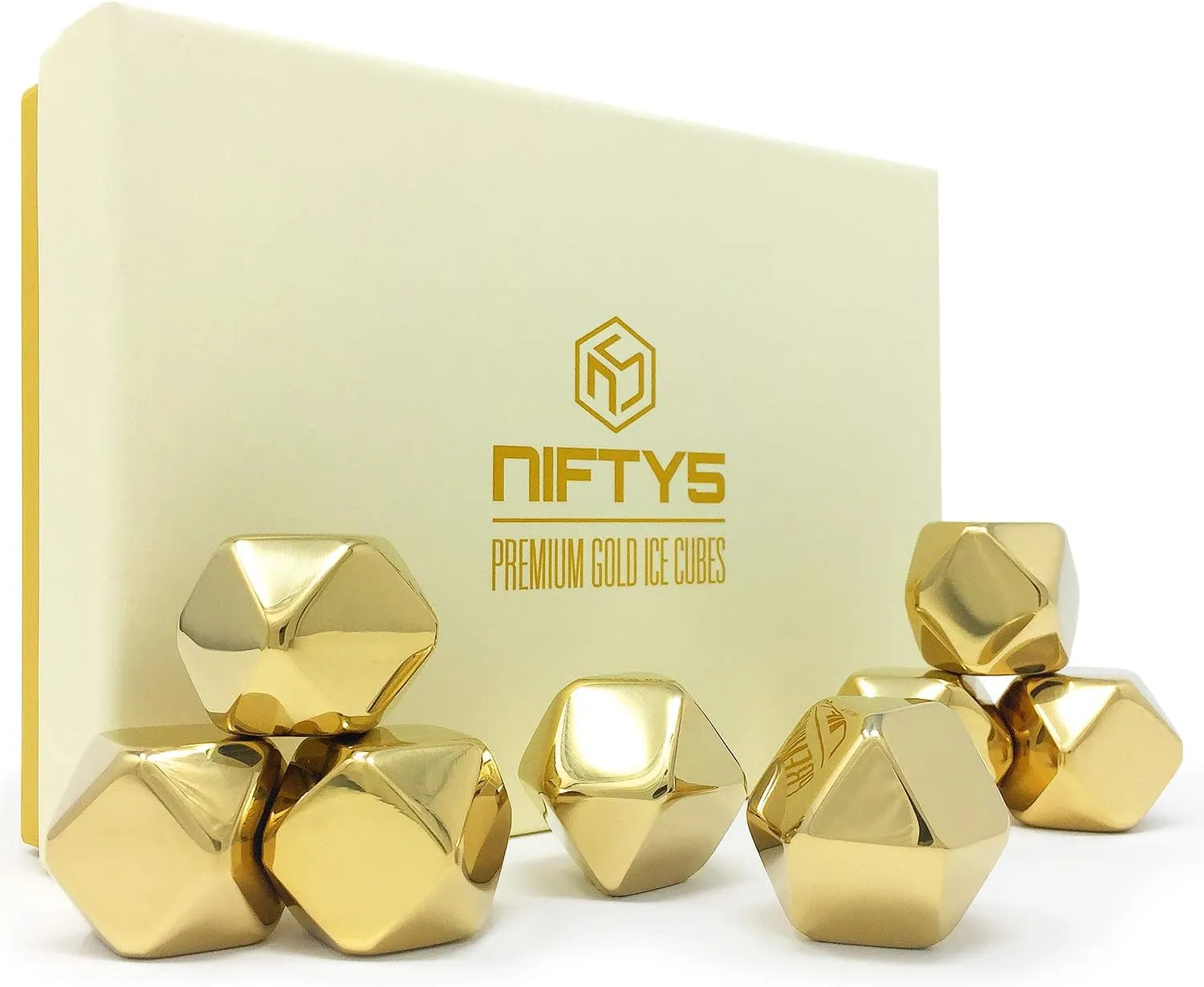 Whiskey Stones Gold Edition Gift Set of 8 Stainless Steel Diamond Shaped Metal Ice Cubes, Reusable Chilling Rocks Including Silicone Tip Tongs and Storage Tray