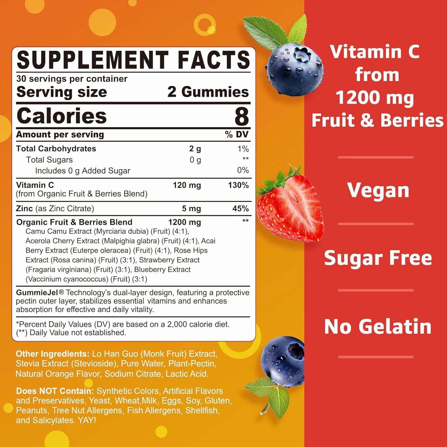 Whole Food Vitamin C Gummies for Adults & Kids (Made in USA) Zero Sugar, Natural Antioxidants, Bioflavonoids, Organic Chewable Vitamin C Supplement from Berries & Fruits for Immune, Vegan, 60 Cts