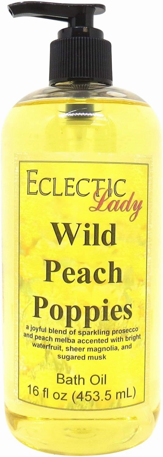 Wild Peach Poppies Bath Oil by Eclectic Lady - Scented Bath Oil - Relaxing & Moisturizing Bathing Oil - Fragrance Body Oil for Dry & Rough Sensitive Skin - Body Daily Nourishing Shower Oil (16 oz)