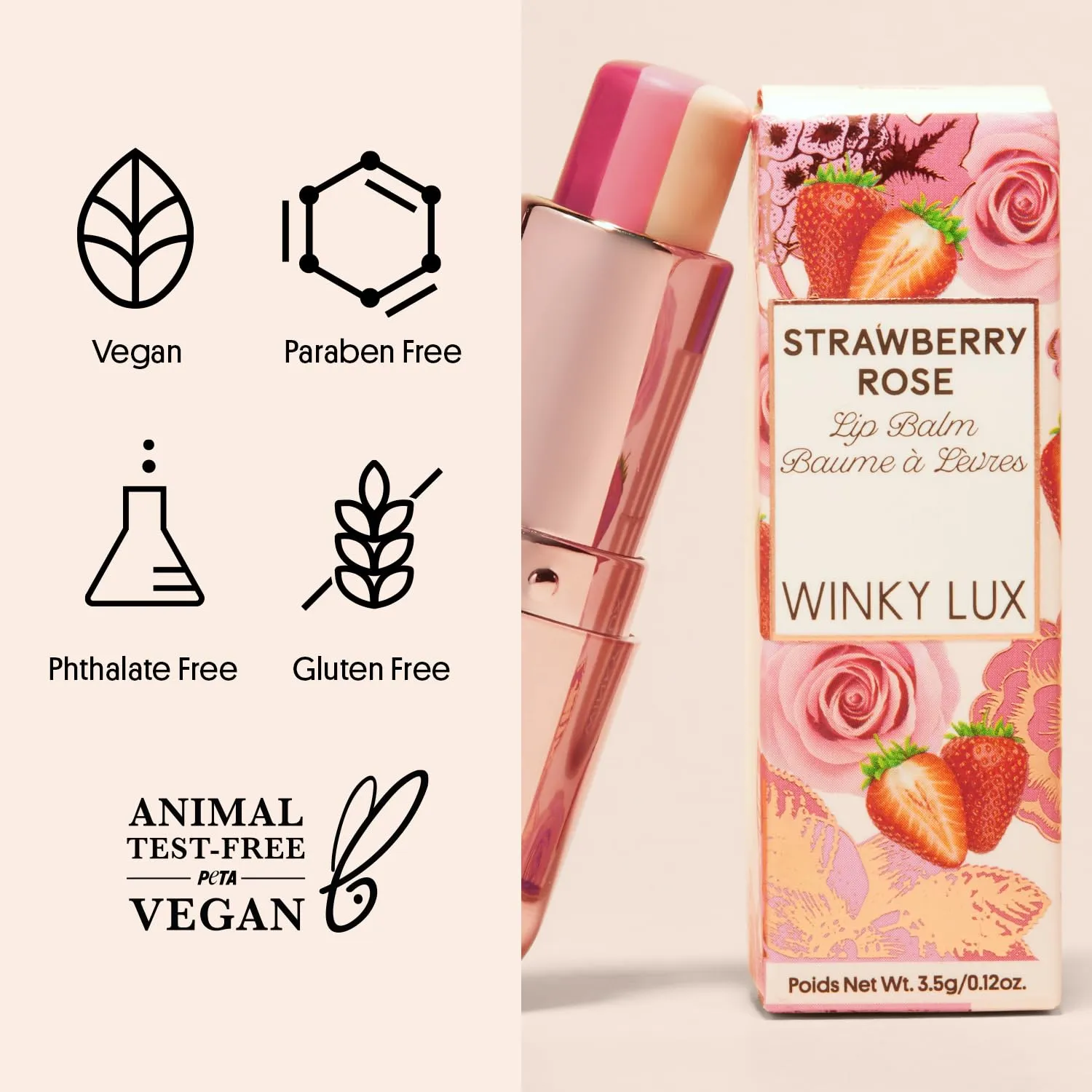 Winky Lux Strawberry Rose Lip Balm for Soft & Juicy Sweet Lips - Tri-Colored Tinted,Hydrating,Vegan & Cruelty-Free