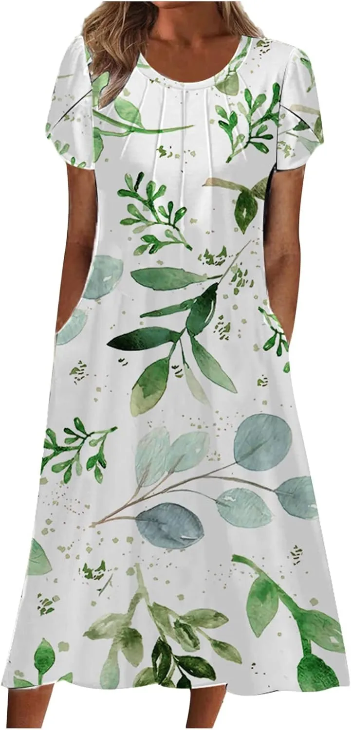 Women Boho Floral Print Dress Petal Sleeves Flowy Dresses Casual Summer Midi Dress Beach Vacation Clothing 2024