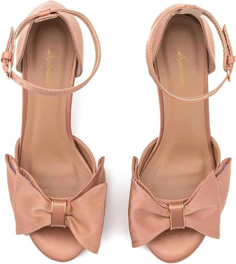 Women Satin Heeled Sandals with Bows Open Round Toe 3 Inch Chunky Block High Heels Dress Sandals Buckled Ankle Strap Peep Toe Vintage Dressy Bridal Wedding Party Office Summer Shoe 4-11 M US