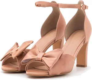 Women Satin Heeled Sandals with Bows Open Round Toe 3 Inch Chunky Block High Heels Dress Sandals Buckled Ankle Strap Peep Toe Vintage Dressy Bridal Wedding Party Office Summer Shoe 4-11 M US