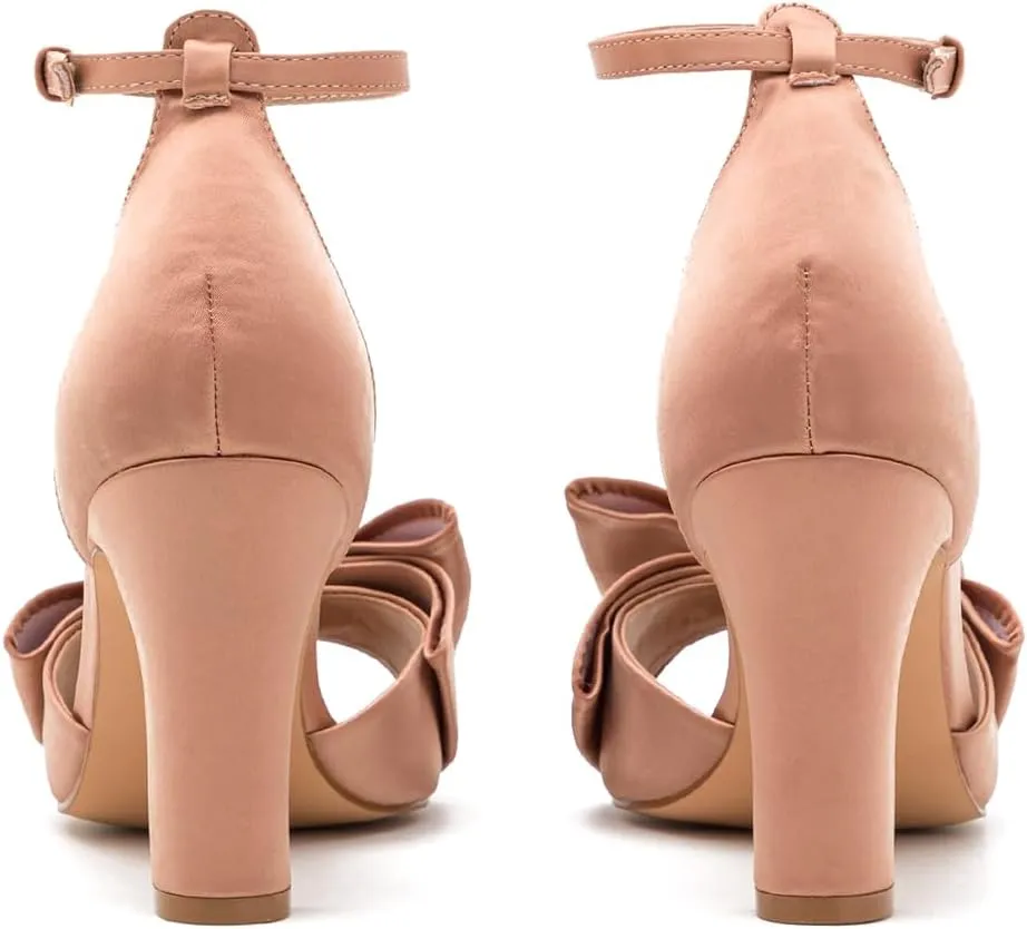 Women Satin Heeled Sandals with Bows Open Round Toe 3 Inch Chunky Block High Heels Dress Sandals Buckled Ankle Strap Peep Toe Vintage Dressy Bridal Wedding Party Office Summer Shoe 4-11 M US