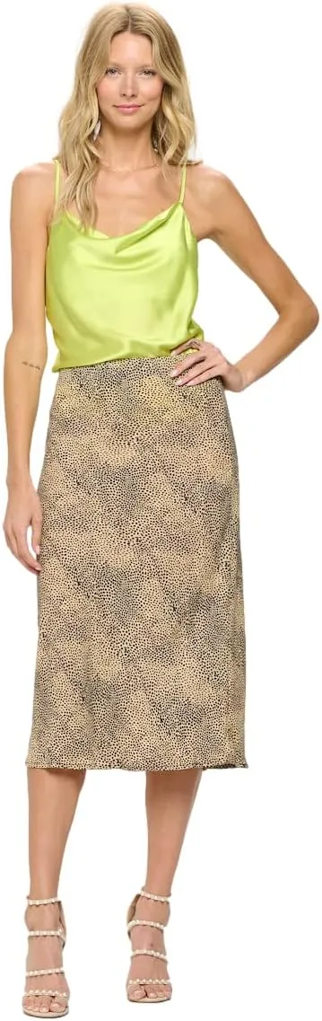 Women Solid High Waist Silky Casual Elastic Satin Midi Skirt -Made in USA (Available in Plus Size)