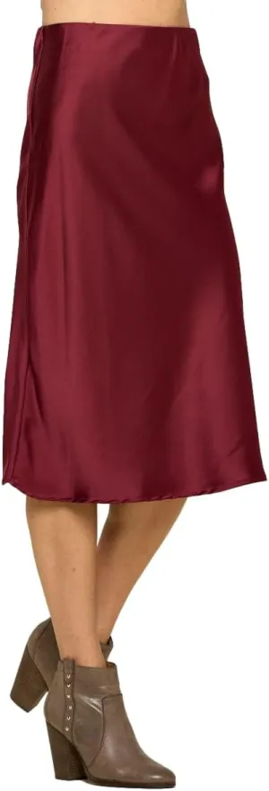 Women Solid High Waist Silky Casual Elastic Satin Midi Skirt -Made in USA (Available in Plus Size)