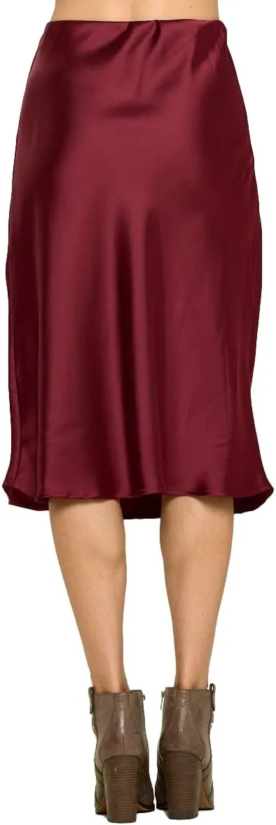 Women Solid High Waist Silky Casual Elastic Satin Midi Skirt -Made in USA (Available in Plus Size)
