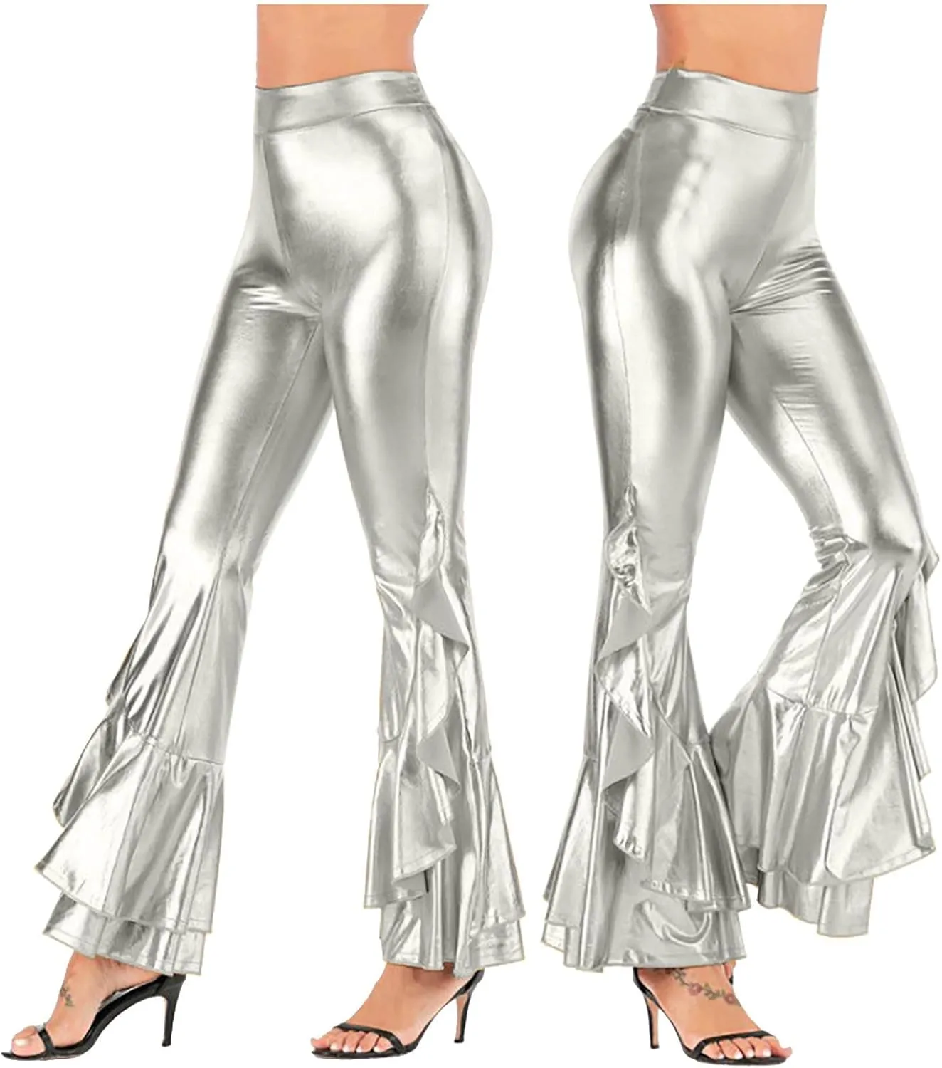 Women Vintage Shiny Metallic Bell Bottom Ruffle Flare Pants- 70s Disco High Waisted Dance Bootcut Palazzo Pants