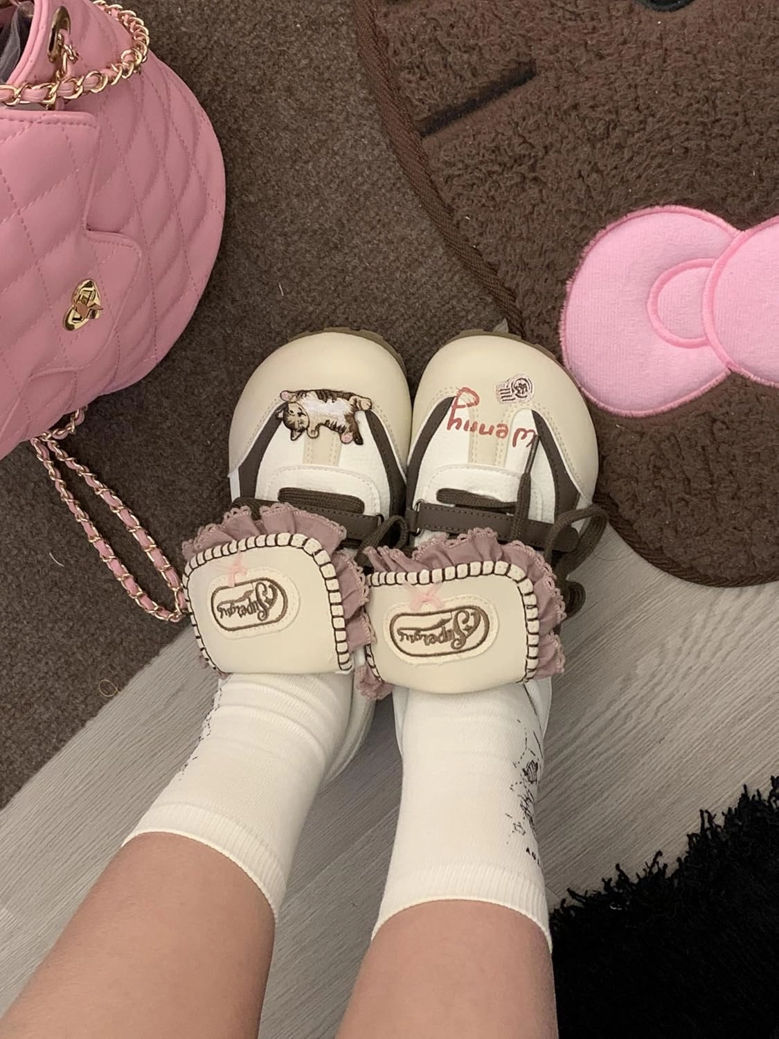 Women's Playful Sneakers with Lace Trim, Cat Design, Lightweight Walking Shoes, Bold Streetwear Statement