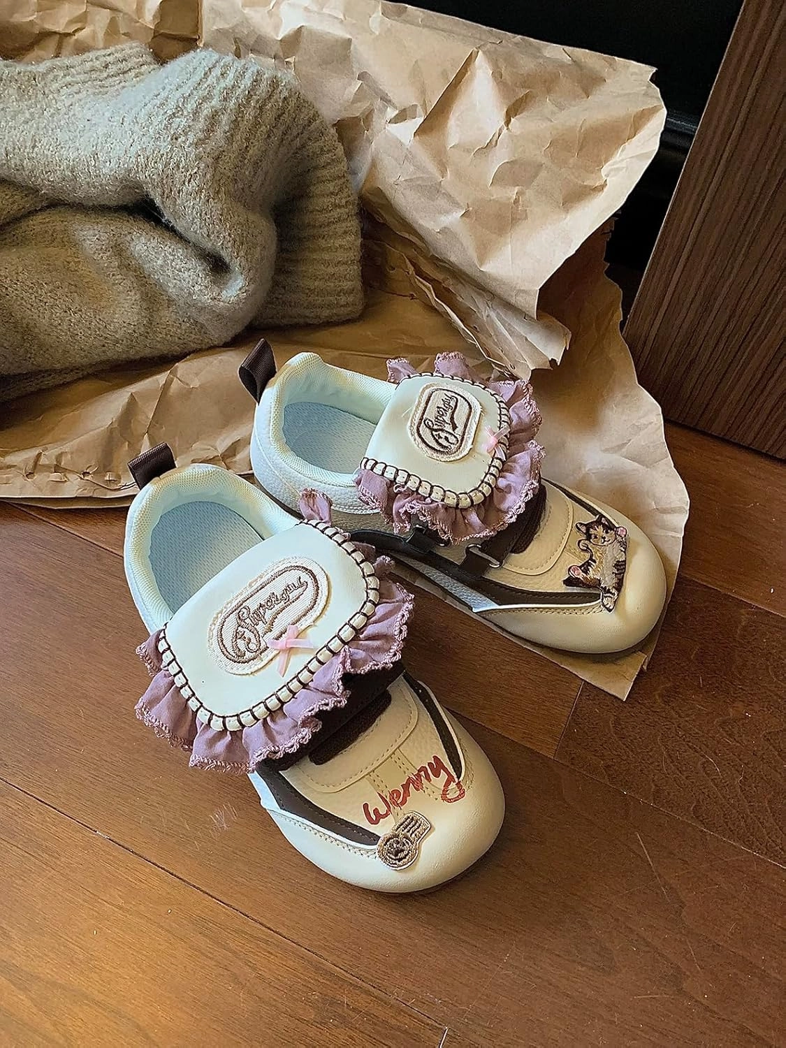 Women's Playful Sneakers with Lace Trim, Cat Design, Lightweight Walking Shoes, Bold Streetwear Statement