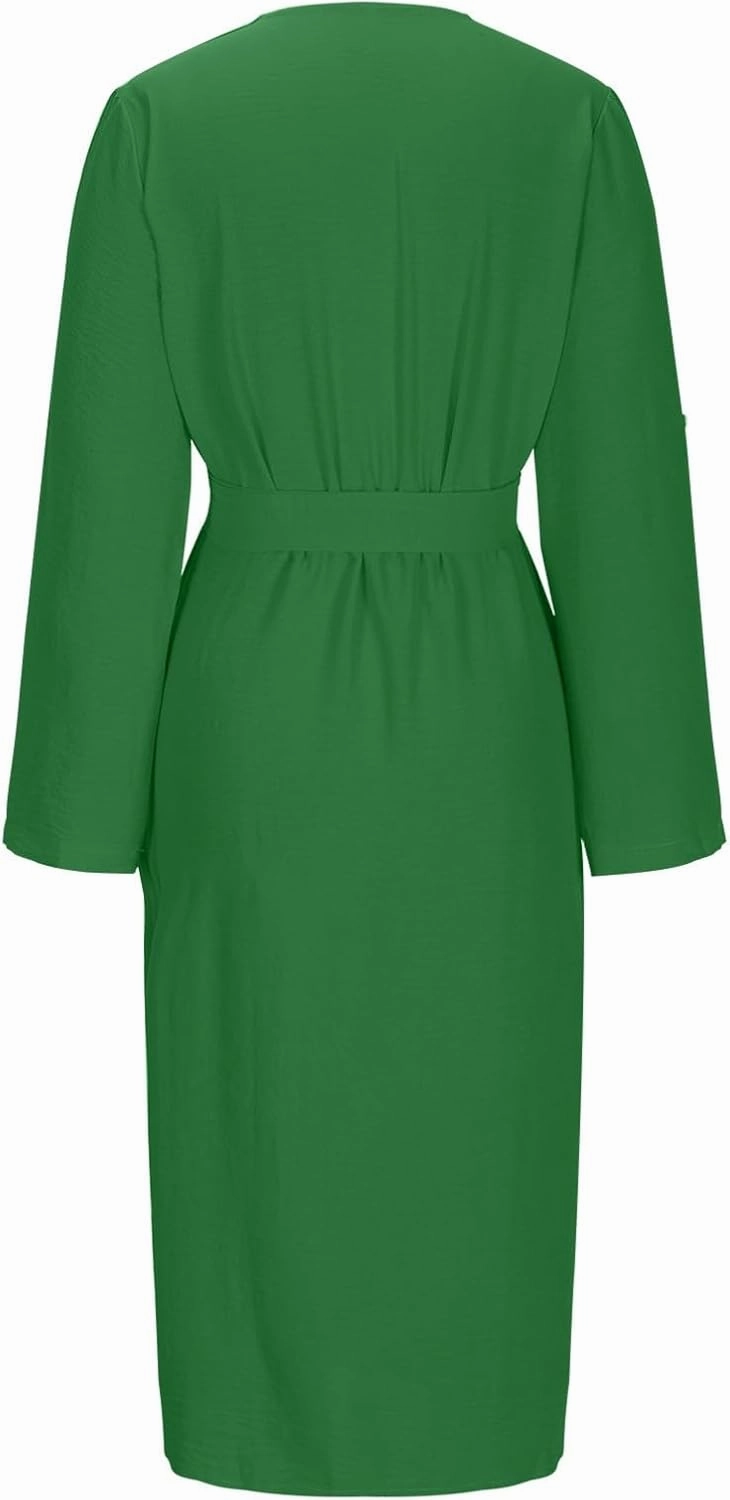 Women's Roll Up Long Sleeve Button Down Shirt Dress Casual Loose Front Split Work Business Dressy Midi Dresses with Belt