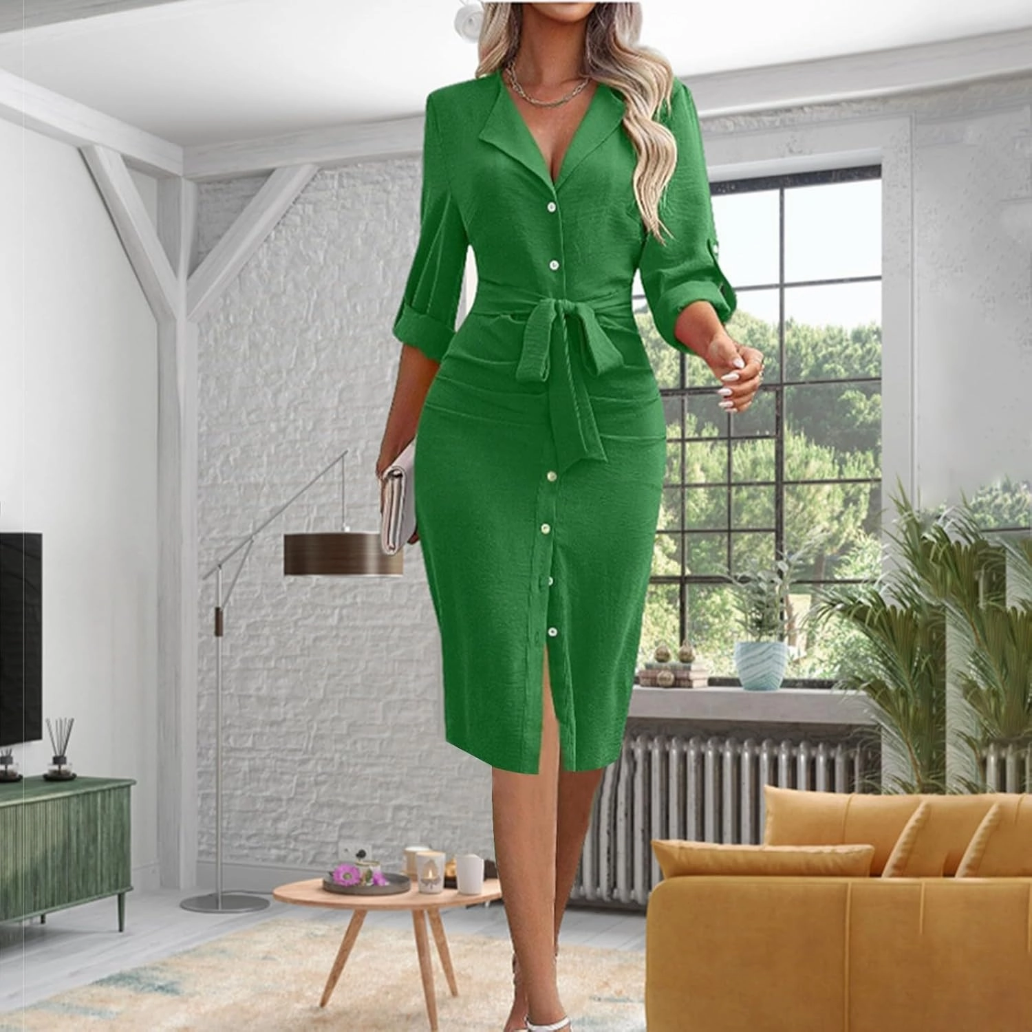 Women's Roll Up Long Sleeve Button Down Shirt Dress Casual Loose Front Split Work Business Dressy Midi Dresses with Belt