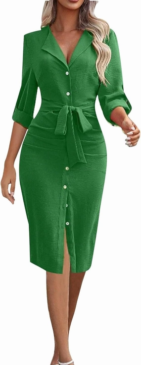 Women's Roll Up Long Sleeve Button Down Shirt Dress Casual Loose Front Split Work Business Dressy Midi Dresses with Belt