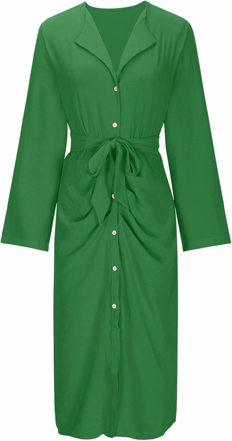 Women's Roll Up Long Sleeve Button Down Shirt Dress Casual Loose Front Split Work Business Dressy Midi Dresses with Belt