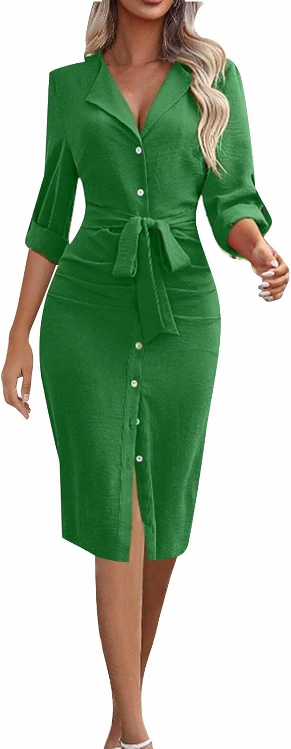 Women's Roll Up Long Sleeve Button Down Shirt Dress Casual Loose Front Split Work Business Dressy Midi Dresses with Belt
