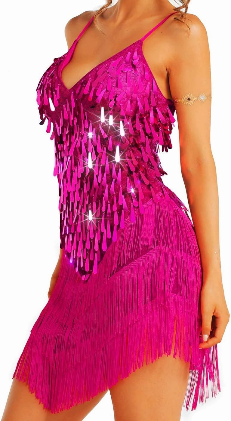 Women's Sequin Tassel Dress Latin Dance Dresses Sparkly Fringe Cocktail Costume