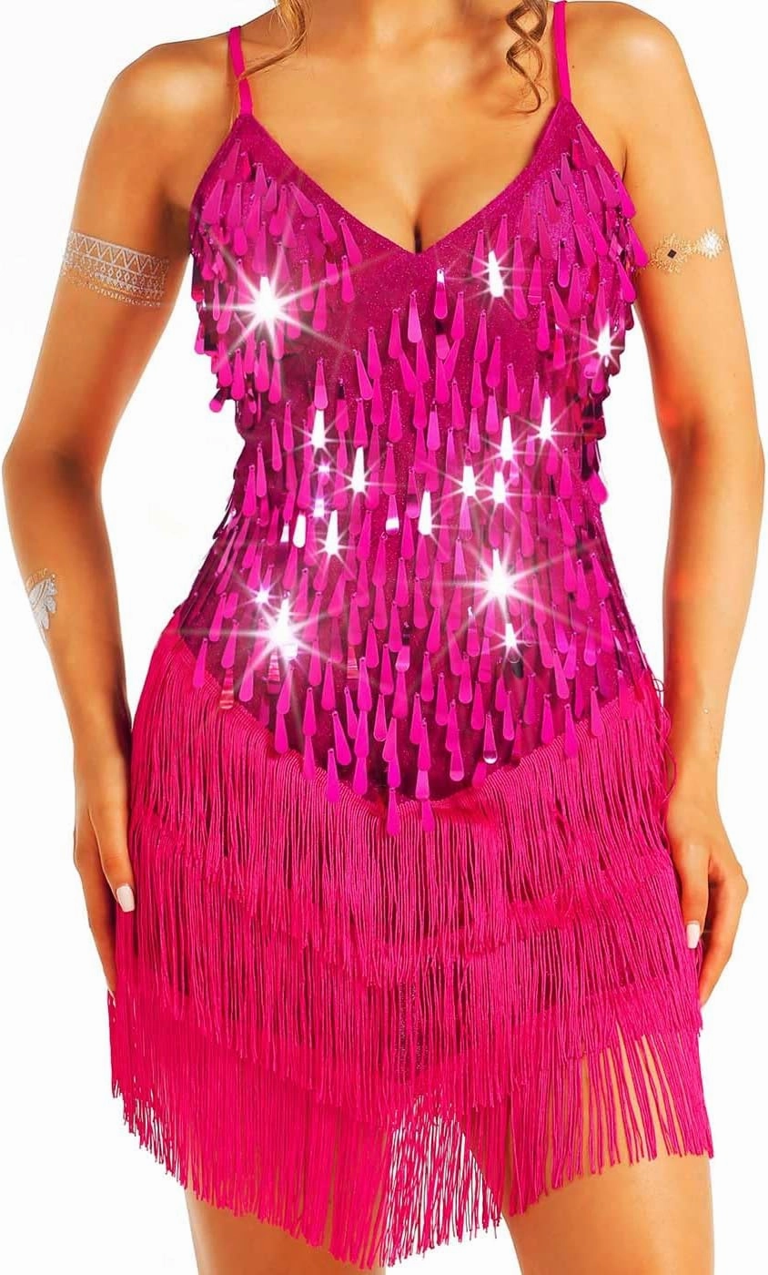 Women's Sequin Tassel Dress Latin Dance Dresses Sparkly Fringe Cocktail Costume