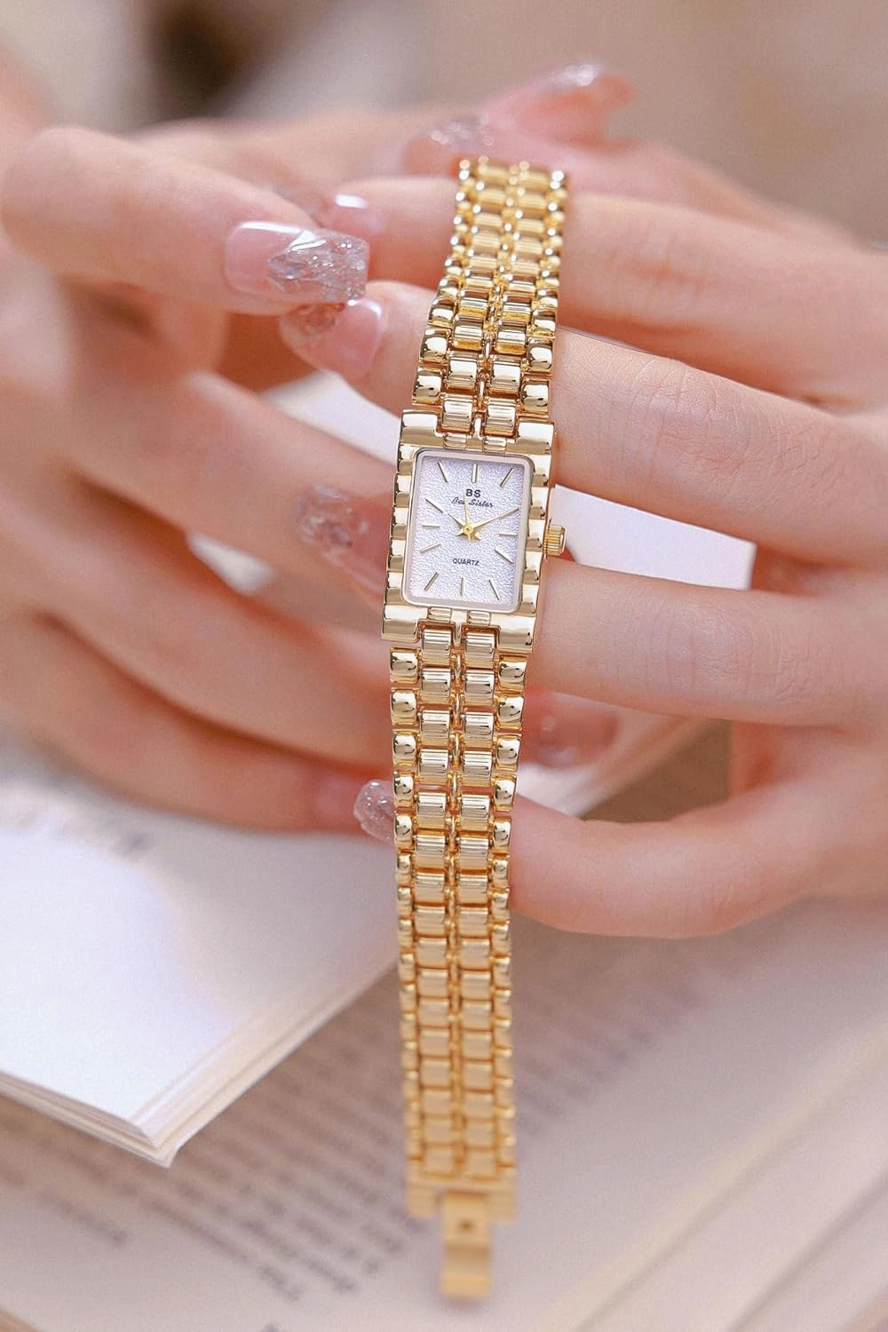 Women's Small Gold Watch, Vintage Rectangular Case, Stainless Steel Bracelet Watches for Women，Bracelet Tools Included