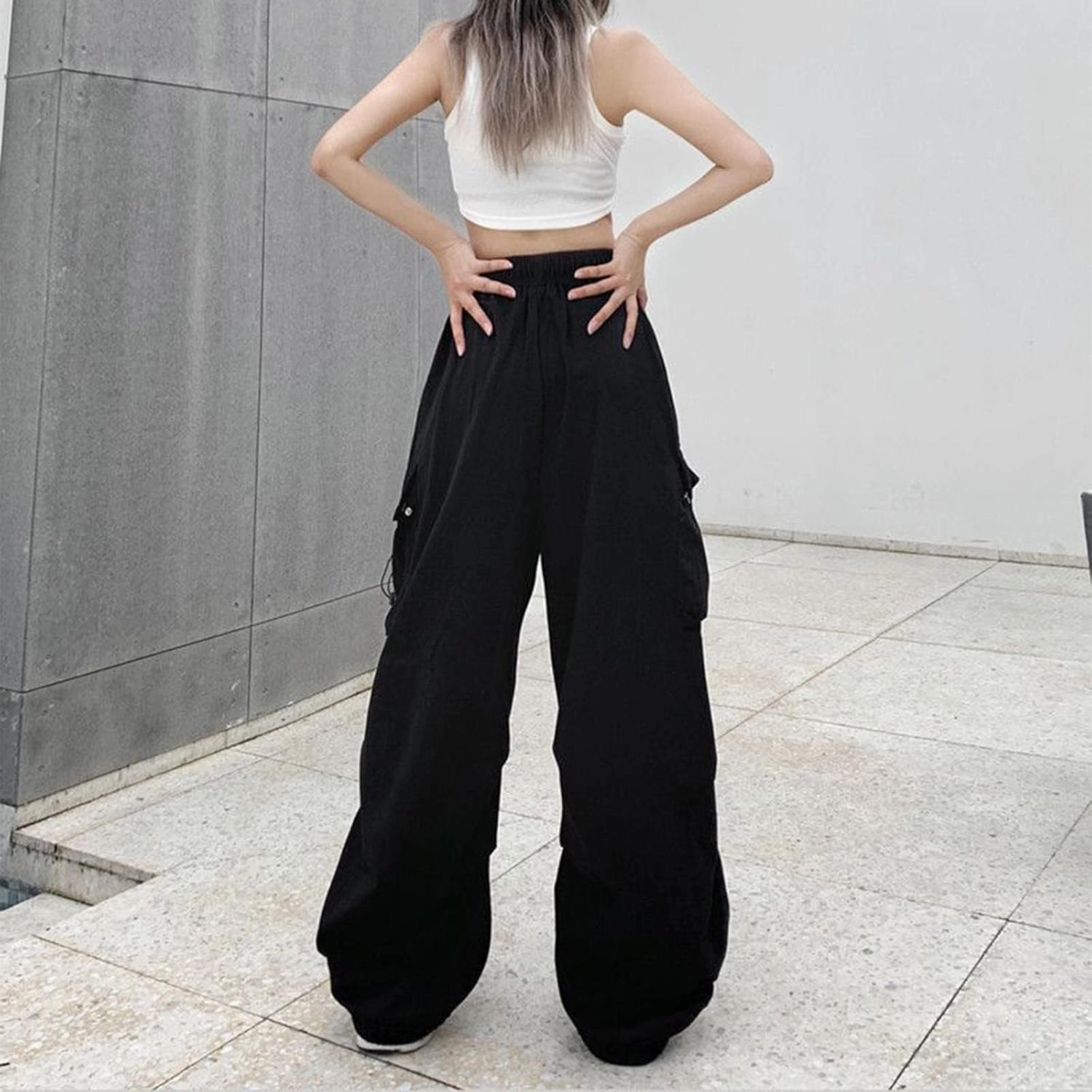 Women Y2K Cargo Jogger Pants Elastic High Waist Baggy Parachute Pants Multi Pocket Casual Loose Vintage Hiking Slacks